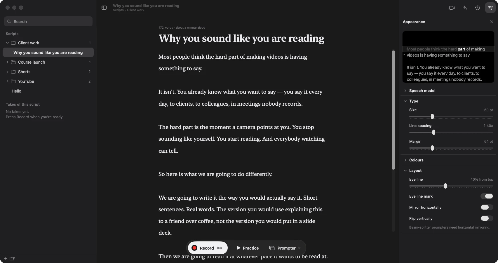 OnScript on a Mac: the script library down the left, the script as a page in the middle with Record, Practice and Prompter beneath it, and the Appearance pane on the right, in the dark theme